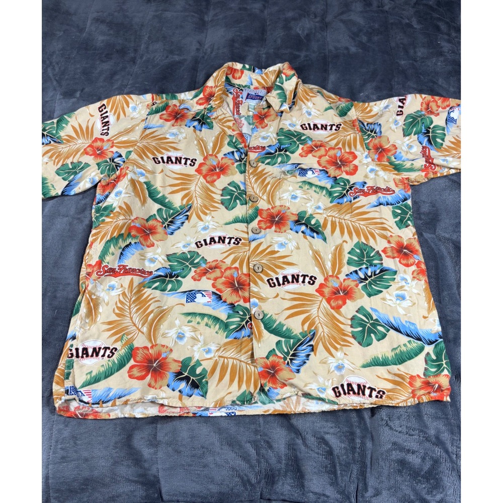 Reyn Spooner San Francisco Giants MLB Hawaiian Shirt Men Medium Rayon Tan Floral